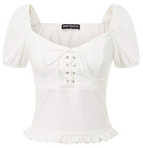 SCARLET DARKNESS Women’s Square Neck Tops Short Puff Sleeves Lacing Front Pullover Renaissance Blouses White L steampunk buy now online
