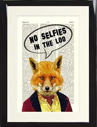 Funny Toilet Sign Steampunk Fox Animal No Selfies in Loo. Dictionary Art Print. Framed Dictionary Art Print Poster for Bathroom printed on a Vintage Book Page. Presented in a Black Wood Frame steampunk buy now online