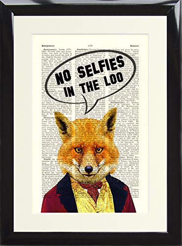Funny Toilet Sign Steampunk Fox Animal No Selfies in Loo. Dictionary Art Print. Framed Dictionary Art Print Poster for Bathroom printed on a Vintage Book Page. Presented in a Black Wood Frame steampunk buy now online