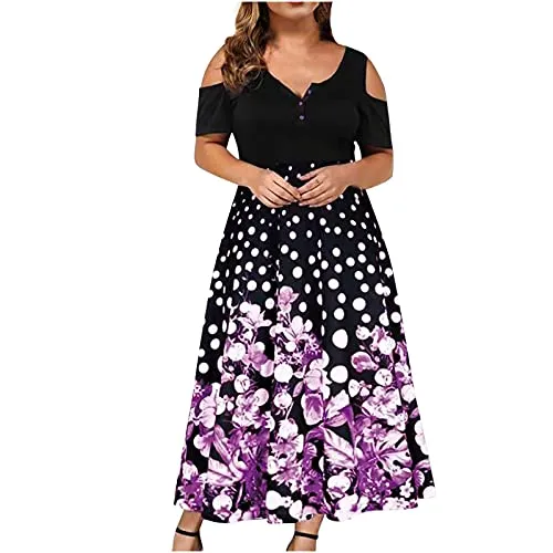 AMhomely Women Dresses Sale Clearance Plus Size Laides Sexy O-Neck Strapless Draw Back Lace Splicing Short Sleeve Dress UK Size Work Casual Dress Purple steampunk buy now online