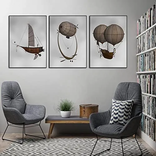 THTHTH Vintage Hot Air Balloon Poster and Prints Steampunk Airship Canvas Painting Minimalist wall art For Living Room Home Decor Picture 50x70cm x3 No Frame steampunk buy now online