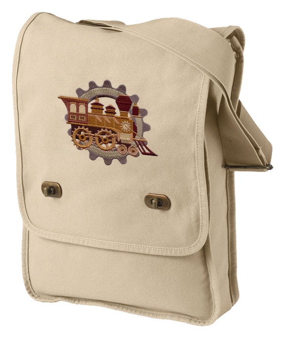 Steampunk Train Embroidered Canvas Field Bag by JumpingJackalope steampunk buy now online