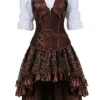 Steampunk Corset Dress 3 Piece Outfits for Women Leather Bustiers Gothic Lace Pirate Skirt Retro White Blouse Brown 4XL steampunk buy now online