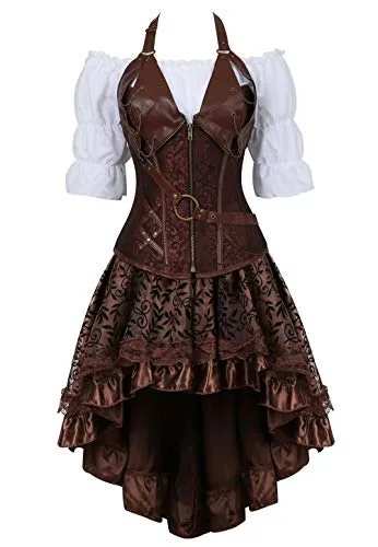 Steampunk Corset Dress 3 Piece Outfits for Women Leather Bustiers Gothic Lace Pirate Skirt Retro White Blouse Brown 4XL steampunk buy now online