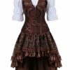 Steampunk Corset Dress 3 Piece Outfits for Women Leather Bustiers Gothic Lace Pirate Skirt Retro White Blouse Brown 4XL steampunk buy now online