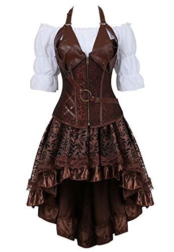 Steampunk Corset Dress 3 Piece Outfits for Women Leather Bustiers Gothic Lace Pirate Skirt Retro White Blouse Brown 4XL steampunk buy now online