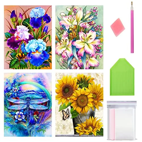WHATWEARS Flower Diamond Painting by Numbers 4 Packs 5D Diamond Art Kits for Adults Kids DIY Round Full Drill Paint with Diamonds Gem Art Cross Stitch Crafts Gift for Home Wall Decor 11.8 x 15.7" steampunk buy now online