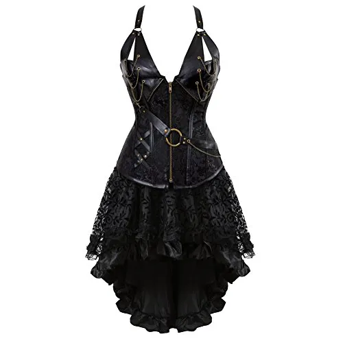 Grebrafan Steampunk Neckholder Faux Leather Corsets with Fluffy Pleated Layered Tutu Skirt (UK(12-14) XL, Black) steampunk buy now online