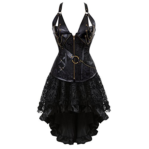 Grebrafan Steampunk Neckholder Faux Leather Corsets with Fluffy Pleated Layered Tutu Skirt (UK(12-14) XL, Black) steampunk buy now online
