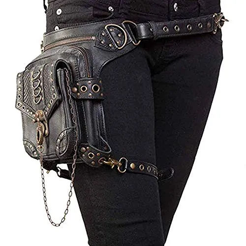 Malayas Steampunk Bag，Waist Bag/Shoulder Bag/Vintage Leather Shoulder Bag/Leg Bag Gothic Unisex, Black steampunk buy now online