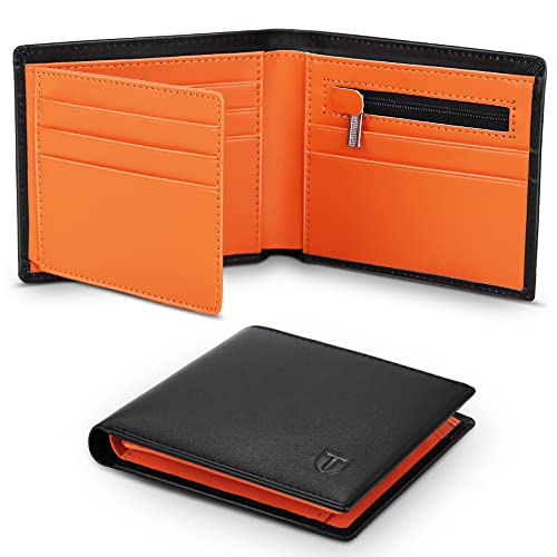 TEEHON® Wallets Mens Slim Genuine Leather RFID Blocking Wallet Mens with 11 Card Holder, 2 banknote compartments, Coin Pocket, ID Window, Minimalist Wallets for Men with Gift Box - Black and Orange steampunk buy now online