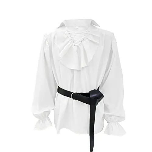 kinstell Men's Medieval Pirate Shirts Lace Up Renaissance Costume Lace Cuff Ruffle Front Colonial Cosplay Tee Top White steampunk buy now online