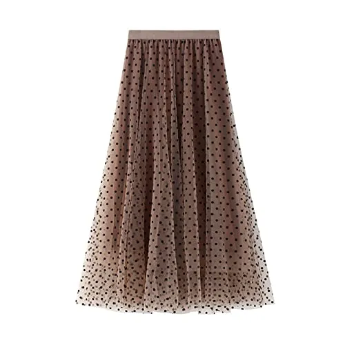 SotRong Women's Tulle Skirt Polka Dot Mesh Pleated Tutu Skirts High Waist Overlay Layered A-line Porm Midi Skirt Khaki steampunk buy now online