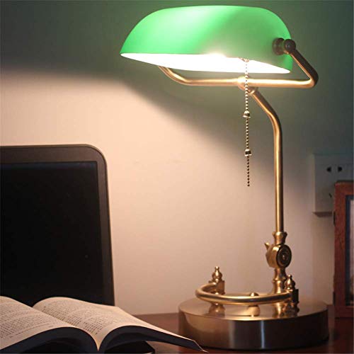 Desk Lamp Study Office Retro Classic Lighting Bedside Reading Lamp Rotatable Green Thick Glass Shade Full Copper Base Adjustable Lamp Pole Bankers Table Lamp E27 with Pull Line Switch steampunk buy now online
