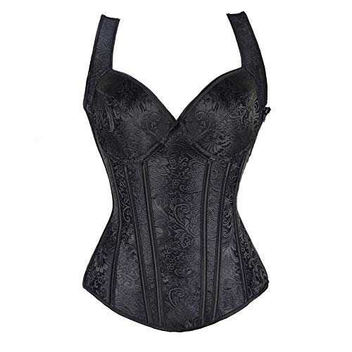Women Floral Zip up Black Bustier Top Burlesque Basque Body Shaper Overbust Boned Corset Vest Waistcoat (Floral Black Vest, 8-10) steampunk buy now online