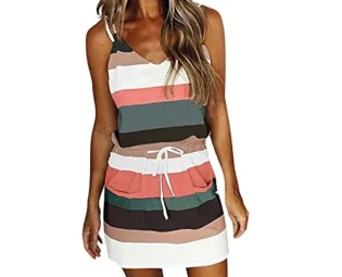 Women Dress Sale Clearance Ladies Casual V-Neck Sleeveless Bandage Stripe Printing Loose Vest Sling Dress Party Elegant UK Size steampunk buy now online
