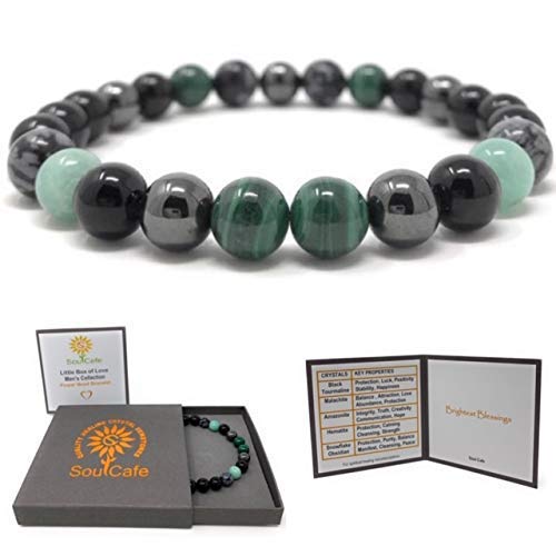 Men's Power Bead Bracelet - Black Tourmaline, Malachite, Amazonite, Hematite, Snowflake Obsidian - Soul Cafe Gift Box & Tag steampunk buy now online