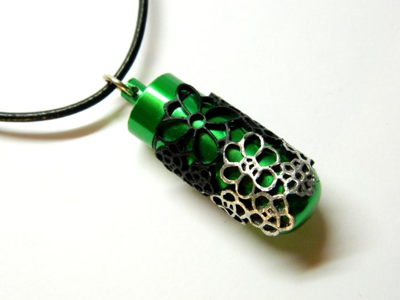 Black silver Flowers green amulet capsule container pendant, pill capsule waterproof, keepsake stash box aromatherapy, bottle cork by EmilySteampunk steampunk buy now online