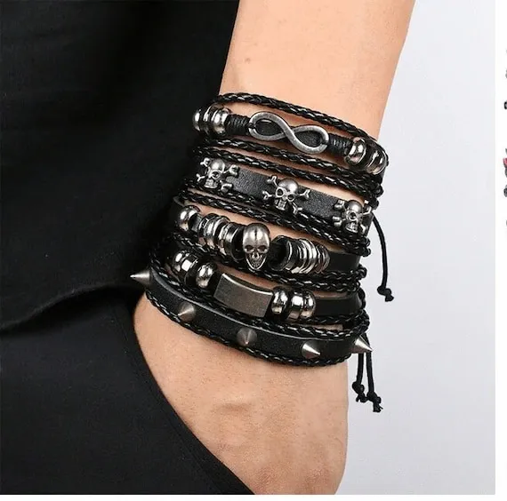 Black Spiked Leather Bracelet 4 set for Men and Women Stackable Braided Cuff Bracelet Punk Rock Handmade Wristband by EverythingForLessUSA steampunk buy now online Black Spiked Leather Bracelet 4 set for Men and Women Stackable Braided Cuff Bracelet Punk Rock Handmade Wristband by EverythingForLessUSA steampunk buy now online