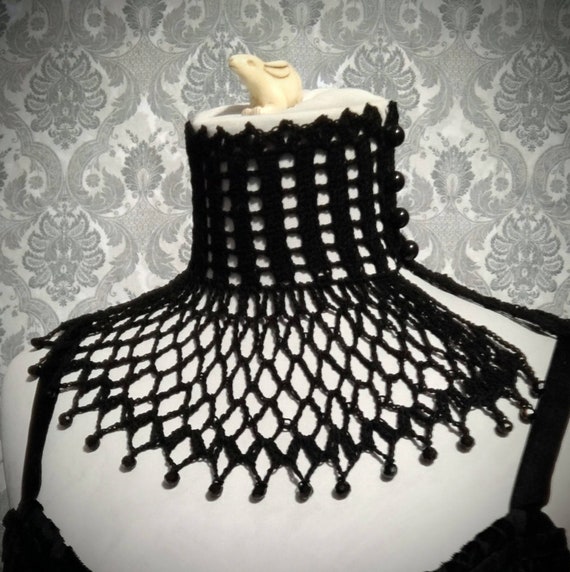 Lace Crochet Choker,Victorian Mourning Choker, Steampunk Choker, Gothic Victorian. Victorian Noir, Vampire, Black Beaded Lace Crochet Choker by Scarletrabbit steampunk buy now online