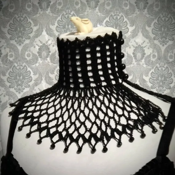 Lace Crochet Choker,Victorian Mourning Choker, Steampunk Choker, Gothic Victorian. Victorian Noir, Vampire, Black Beaded Lace Crochet Choker by Scarletrabbit steampunk buy now online