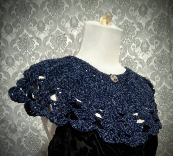 Victorian capelet, Blue Velvet, Victorian collar, Steampunk capelet, Celtic, Boho, Lace Crochet Shawl, Collar, Civil War, Gothic Romantic by Scarletrabbit steampunk buy now online