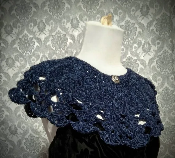 Victorian capelet, Blue Velvet, Victorian collar, Steampunk capelet, Celtic, Boho, Lace Crochet Shawl, Collar, Civil War, Gothic Romantic by Scarletrabbit steampunk buy now online