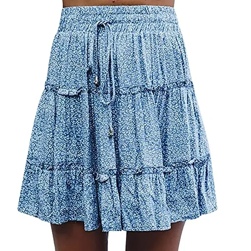 AMhomely Women Summer Casual Bohe High Waist Ruffled Floral Print Beach Short Skirt Sale UK Size Lovely Dresses Blue steampunk buy now online