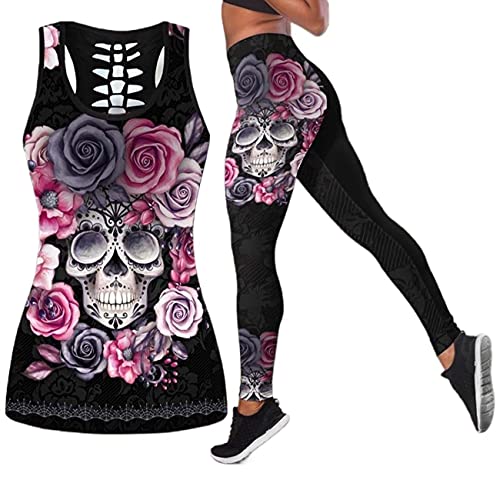 Women 2 Piece Casual Sweatsuit Skull Outfits Printed Tank Tops Yoga Leggings Jogger Sets Activewear (black-a, M, m) steampunk buy now online