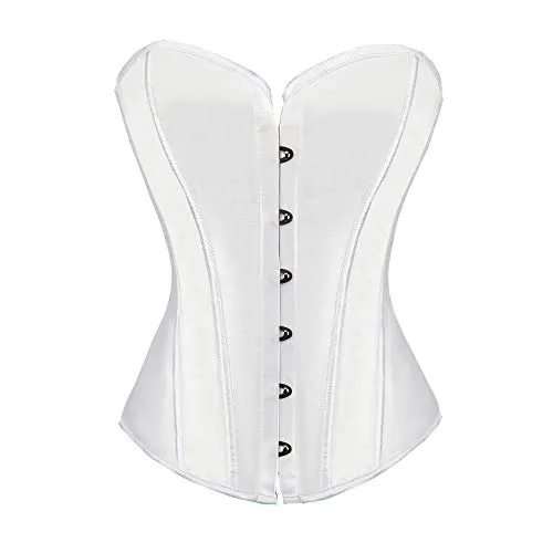 Women Satin Plain Pure Black Bustier Top Burlesque Basque Shaper Boned Corset (White, 10) steampunk buy now online