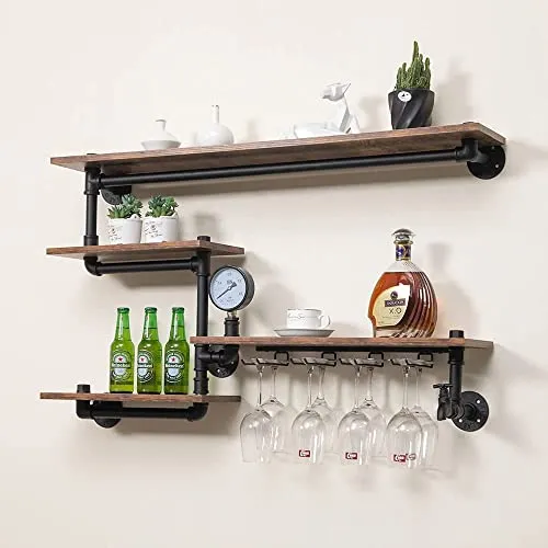 Industrial Pipe Shelves Wine Rack Wall Mounted with 4 Stem Glass Holder,Bar Shelves 39in Metal Hanging Wine Rack, Rustic Floating Pipe Shelf, Living Room Kitchen Decor Display Rack steampunk buy now online