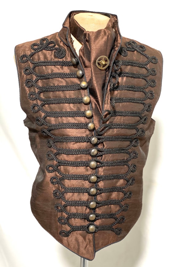 3pcs Steampunk Brown Waistcoat with black Braiding with self tie brown silk Cravat ,cog tiepin in to fit chest size 38”,40”42"44"46" by SteamPunkMastery steampunk buy now online