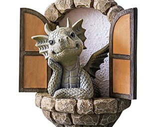 Courtyard Dragon Sculpture Wall Decoration,Lovely Resin Garden Dragon Statue,Little Dragon Meditating in Front of The Window Art Figurines Decor Ornaments for Patio Yard steampunk buy now online