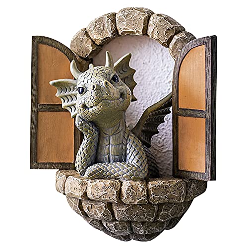 Courtyard Dragon Sculpture Wall Decoration,Lovely Resin Garden Dragon Statue,Little Dragon Meditating in Front of The Window Art Figurines Decor Ornaments for Patio Yard steampunk buy now online