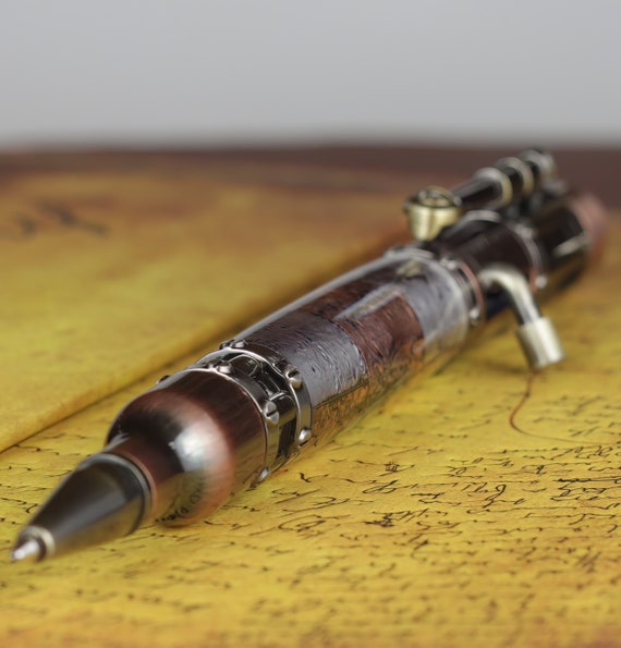 Steampunk Bolt Action Rollerball Pen - Antique Bronze and Rose Copper Parts - Handmade Steam punk hammered aluminum and copper body by BespokeFountainPens steampunk buy now online