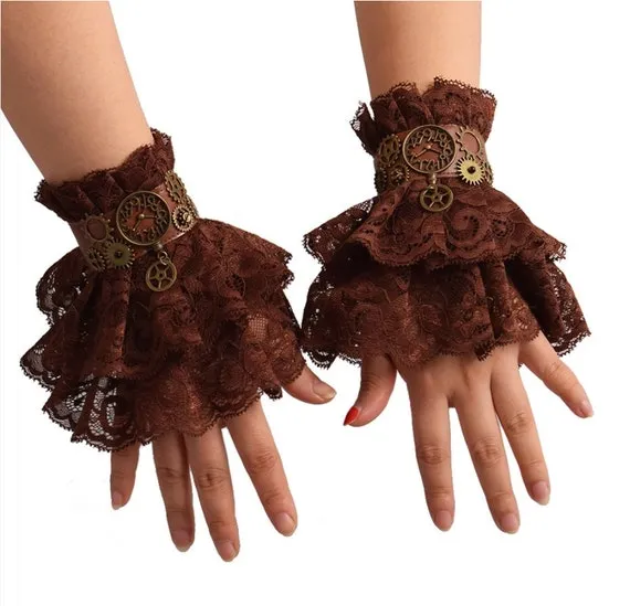 Steampunk Gloves / Wrist Cuffs Women Gothic Punk Hand Sleeve / Brown Ruffled Lace Bracelets Gloves / Cosplay Accessories / Gift For Her by ManiFashionBags steampunk buy now online