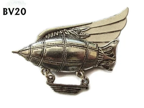 Steampunk pin badge brooch silver zeppelin airship with large wing #BV20 by CaptainCumberpatch steampunk buy now online