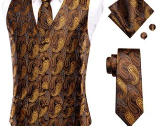 KLHHG Silk Mens Suit Vests Orange Waistcoat Tie Hankerchief Cufflinks Set Waist Jacket For Men Wedding Business (Color : As shown, Size : XXL) steampunk buy now online