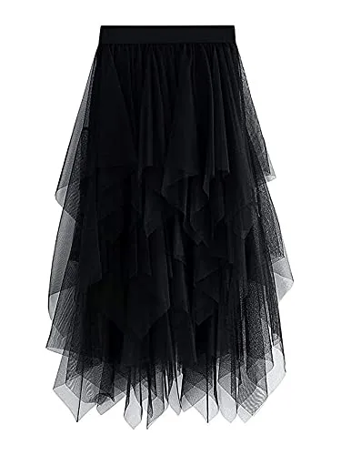 YILEEGOO Women's Tulle Skirt High Waist Tiered Layered Mesh Ballet Prom Party Tulle Tutu A-line Midi Skirt (Black, ONE Size) steampunk buy now online