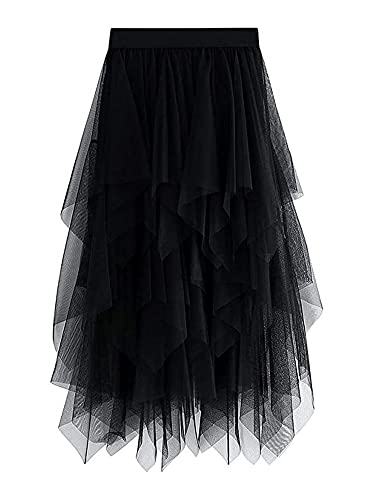 YILEEGOO Women's Tulle Skirt High Waist Tiered Layered Mesh Ballet Prom Party Tulle Tutu A-line Midi Skirt (Black, ONE Size) steampunk buy now online