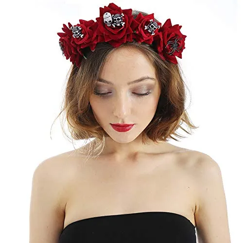 Gothic Red Rose Crown Halloween Tiara Headband Bridal Flower Hair Wreath Garland Wedding Headpiece Floral Head Accessories Headdress for Women Girls Party Bride Photography Props steampunk buy now online
