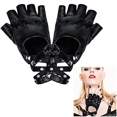 DURANTEY Studded Punk Gloves Fingerless Leather Gloves Women PU Cycling Gloves Half Finge Performances Gloves with Rivets for Halloween Costumes, Rock, Gothic, Hip Hop, Parties (Black) steampunk buy now online