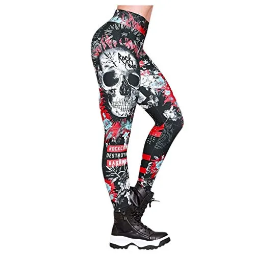 Janly Clearance Sale Women's Pants, Women Skull Printed Skinny Slim High Waist Yoga Leggings Pants, for Winter & Christmas (Red-3XL) steampunk buy now online