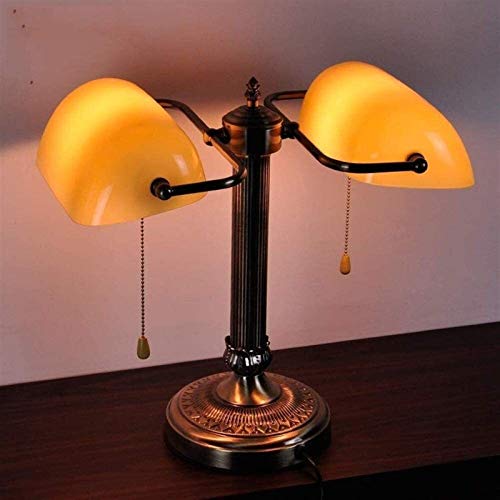 Table Lamp Double-Head Traditional Banker Lamp, Vintage Style Copper Metal Base, Dim Yellow Glass Lampshade, Pull Switch E27 Reading Desk Lamp steampunk buy now online