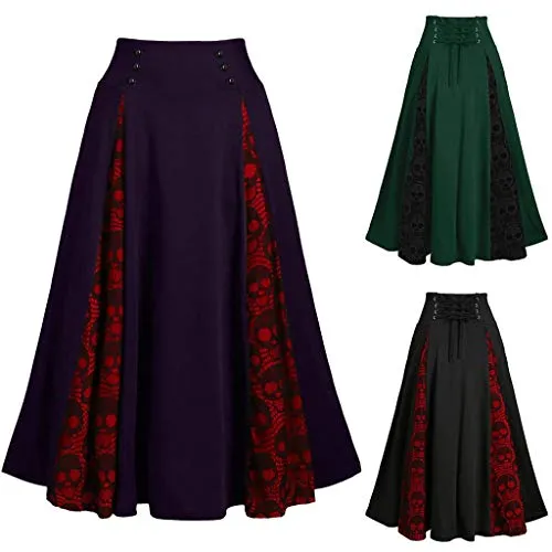 Sanahy Women Vintage Gothic High Waist Lace Patchwork Bandage Pleated Midi Skirt Elastic Waist Steampunk Retro Victorian Midi Skirt(Black,XXL) steampunk buy now online