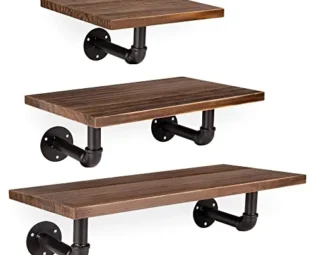 Navaris Industrial Pipe Shelf Set - 3 Wooden Shelves with Black Pipe Shelf Brackets - Pine Wall-Mounted Wood Shelving in Range of 3 Sizes - Dark Brown steampunk buy now online