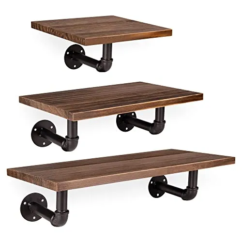 Navaris Industrial Pipe Shelf Set - 3 Wooden Shelves with Black Pipe Shelf Brackets - Pine Wall-Mounted Wood Shelving in Range of 3 Sizes - Dark Brown steampunk buy now online