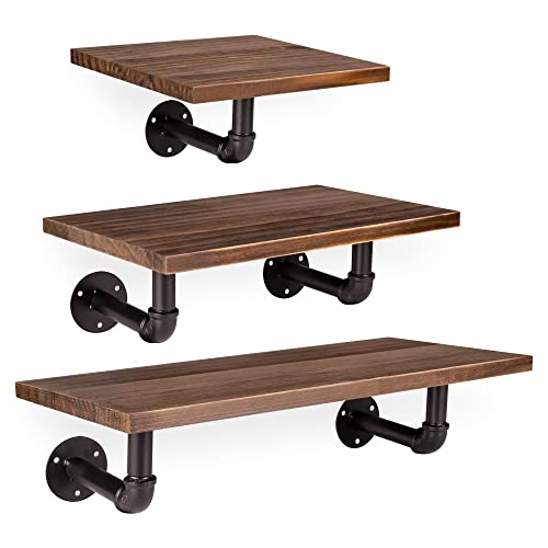 Navaris Industrial Pipe Shelf Set - 3 Wooden Shelves with Black Pipe Shelf Brackets - Pine Wall-Mounted Wood Shelving in Range of 3 Sizes - Dark Brown steampunk buy now online