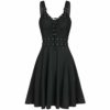 Womens Gothic Steampunk Dress Sleeveless High Low Hem Irregular Skirts Halloween Cosplay Black Punk Style Lace Dresses steampunk buy now online