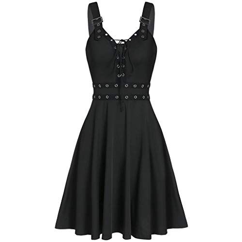 Womens Gothic Steampunk Dress Sleeveless High Low Hem Irregular Skirts Halloween Cosplay Black Punk Style Lace Dresses steampunk buy now online